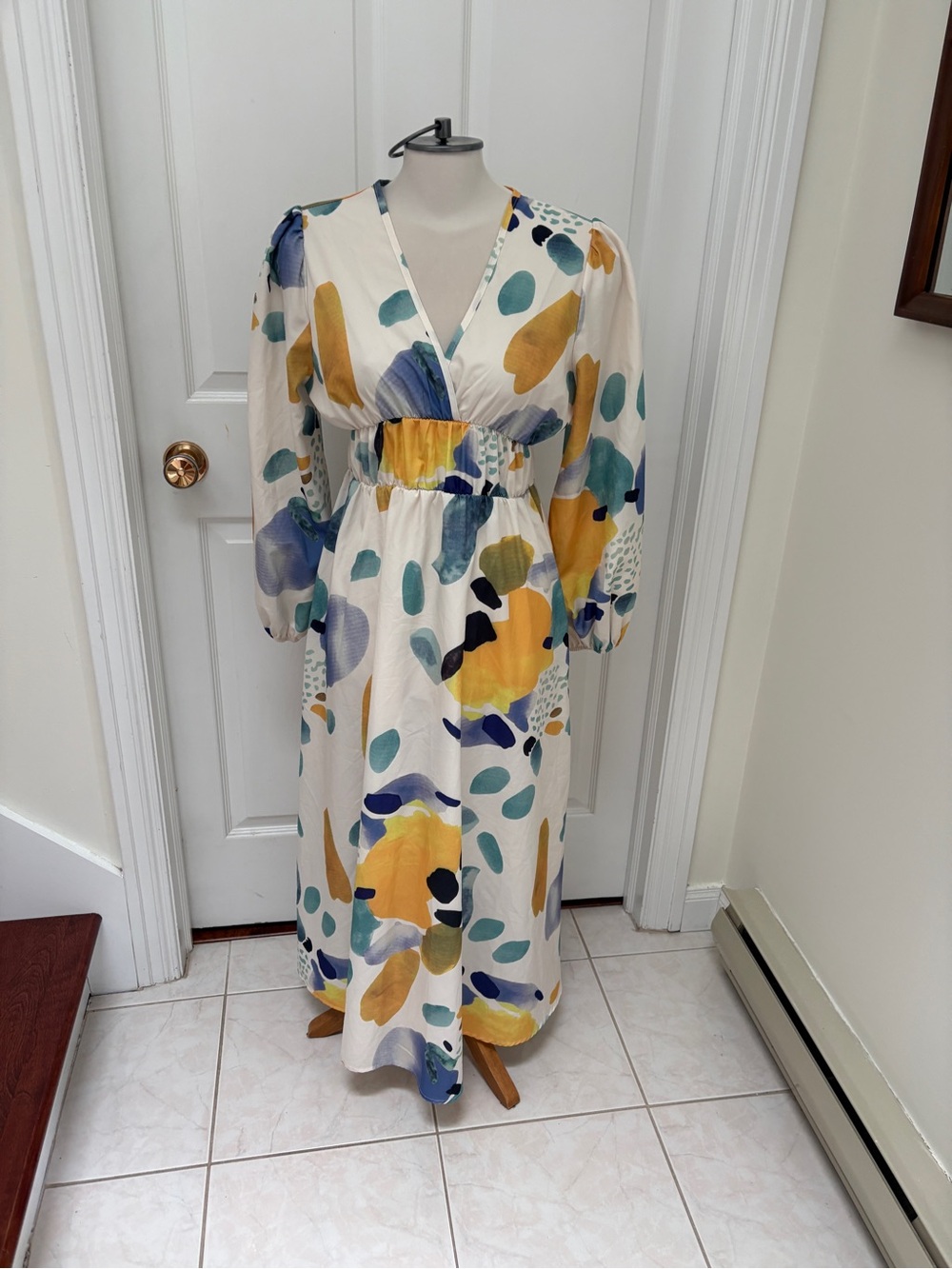 Abstract Floral Wrap Maxi Dress in White, Yellow & Blue